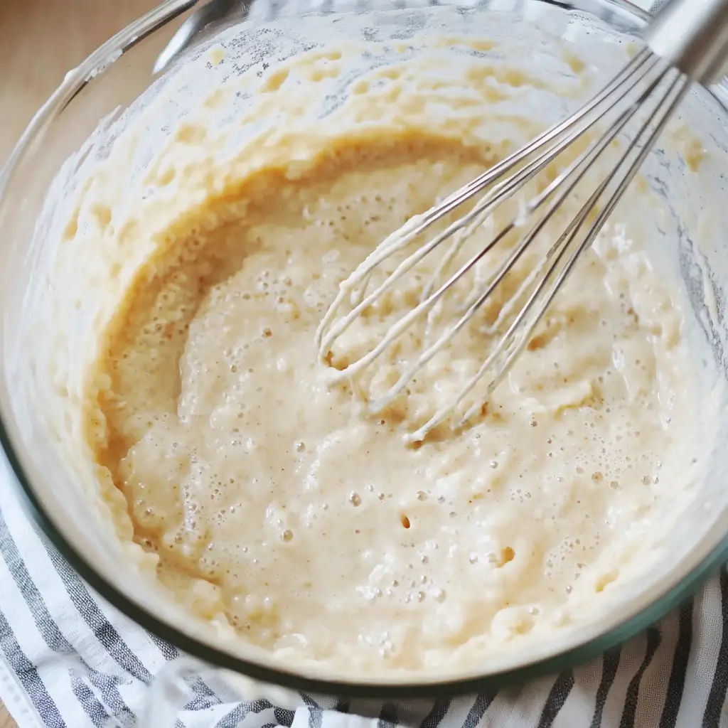 Pancake batter in a glass bowl, ready to be mixed for making pancakes