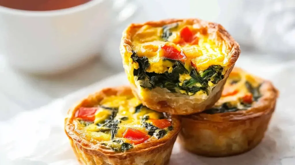 Spinach and egg frittata muffins with red bell peppers in a flaky pastry crust.