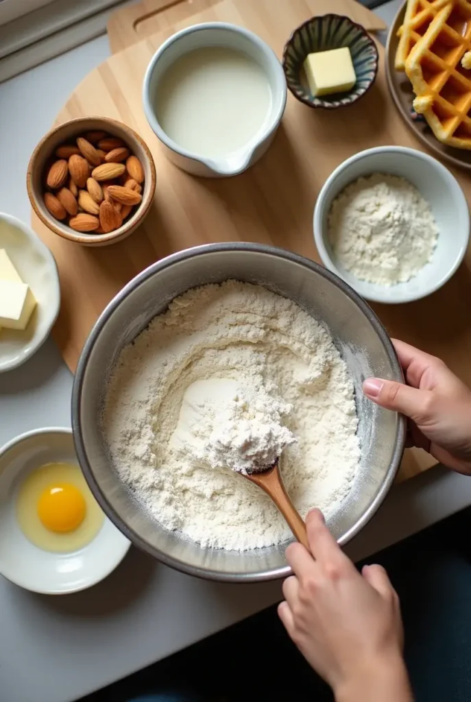 Mixing ingredients for gluten-free waffle batter in a bowl on a kitchen counter