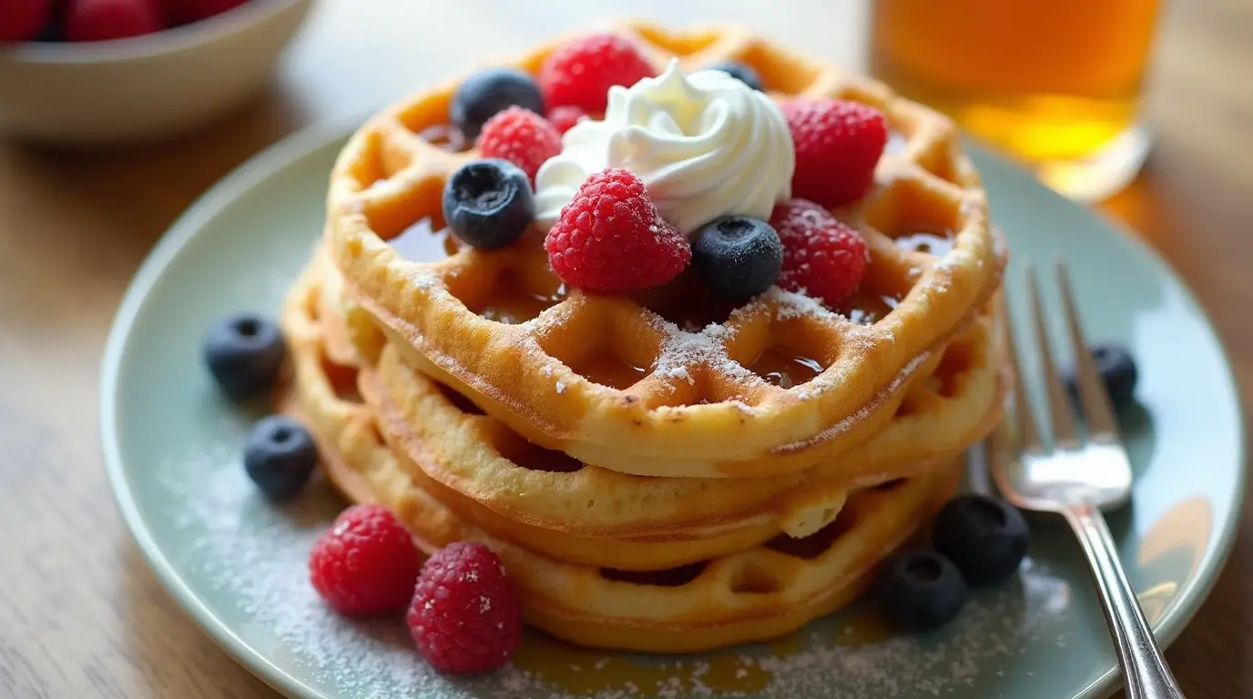 Stack of crispy gluten-free waffles topped with fresh berries, whipped cream,