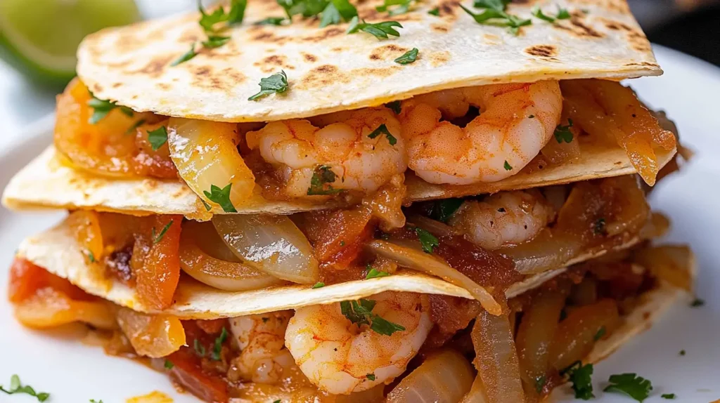 A close-up of a shrimp quesadilla filled with sautéed onions, tomatoes, and shrimp, garnished with fresh cilantro.