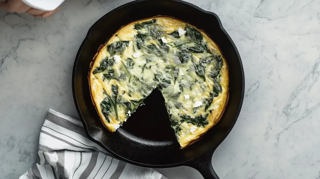 Spinach egg frittata with a slice removed, served in a black cast-iron skillet