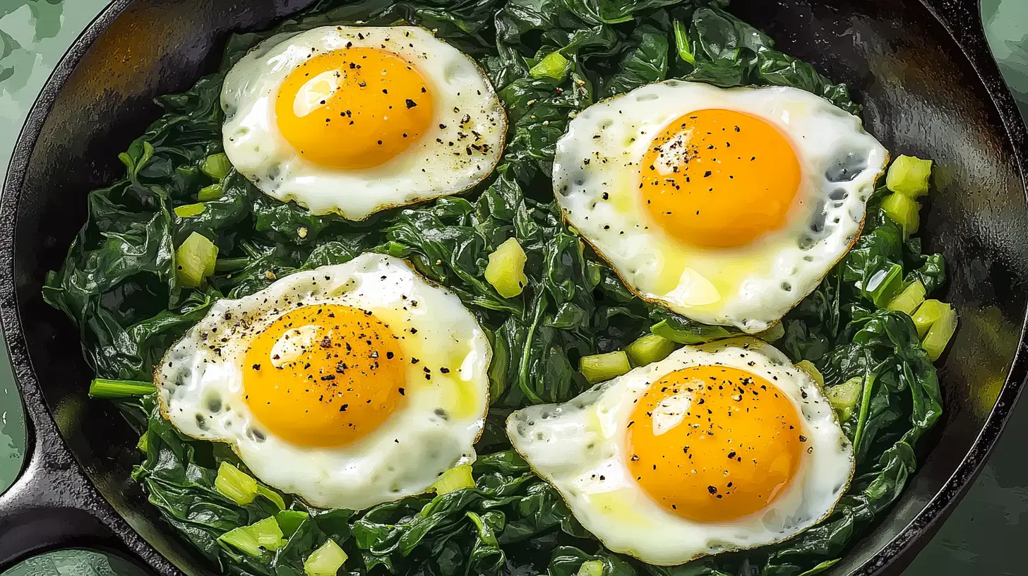 Sunny-side-up eggs on a bed of spinach in a skillet, sprinkled with black pepper for added flavor