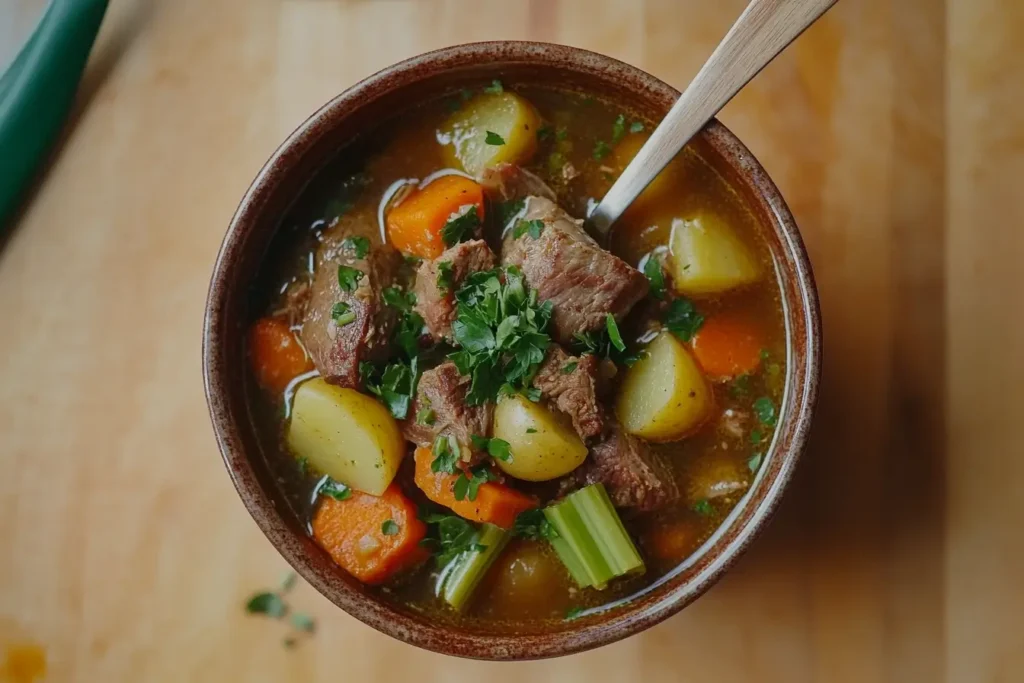 Delicious lamb stew in a rustic bowl with tender lamb, vegetables, and fresh herbs, served on a wooden kitchen counter