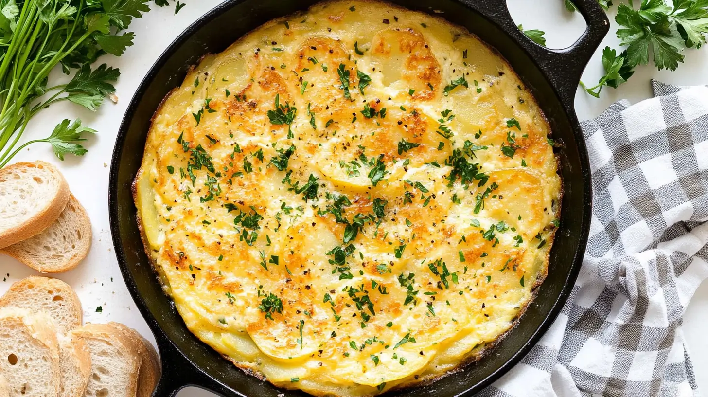 Potato frittata with crispy edges and fresh parsley garnish in a skillet.