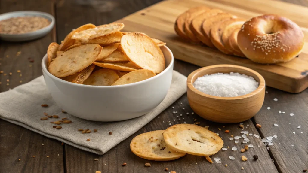 A bowl of crispy bagel chips with a side of salt and bagels