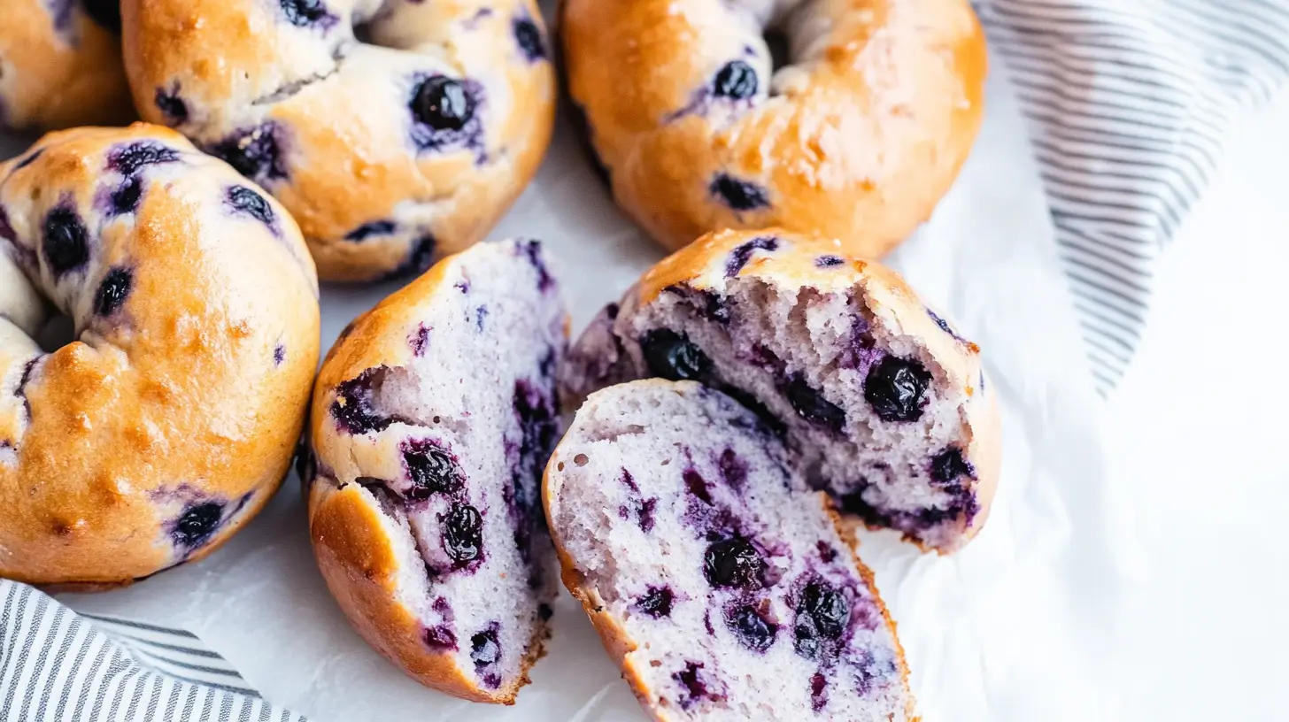 Freshly baked blueberry bagels with a soft, fluffy interior.