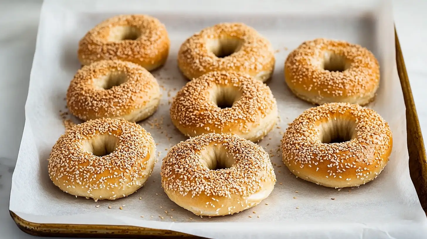 Freshly baked sesame bagels cooling on parchment paper