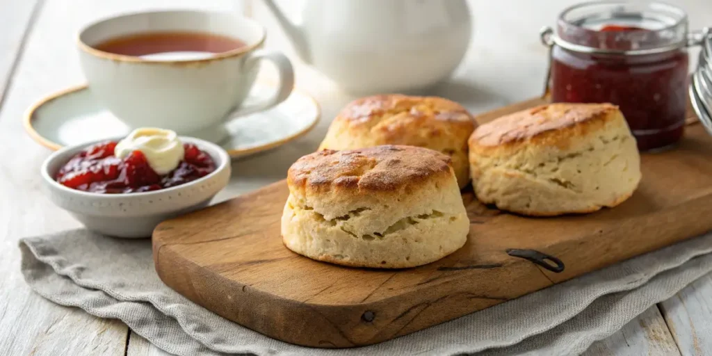 Freshly baked English scones with clotted cream and strawberry jam.