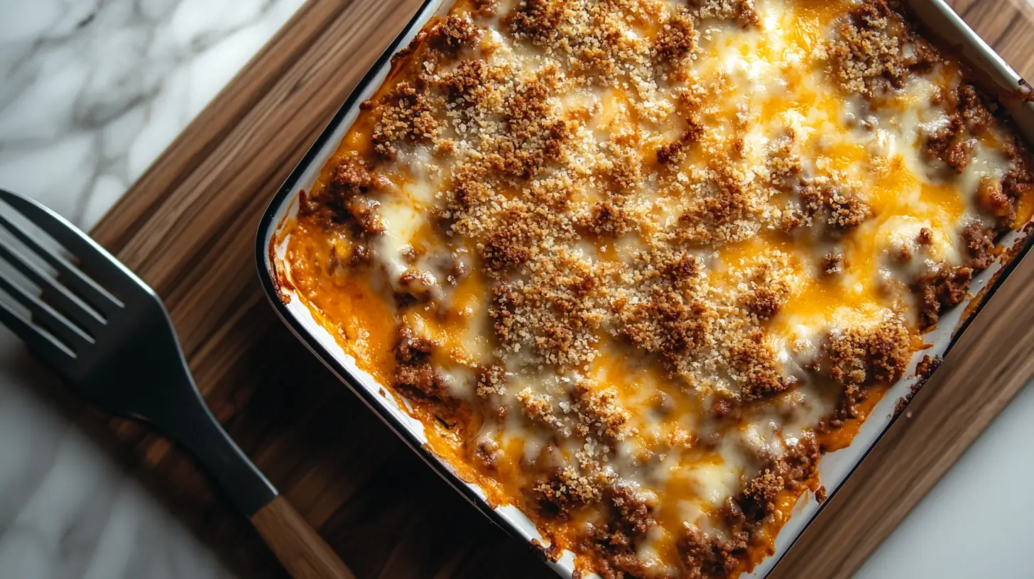 Ground turkey casserole with golden, crispy topping and melted cheese