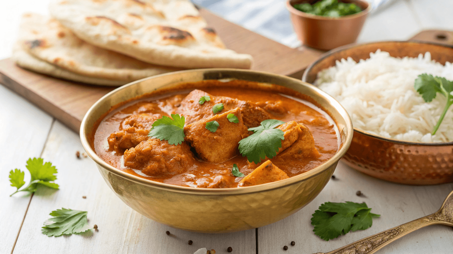 Indian chicken curry served with naan and rice, garnished with fresh cilantro.