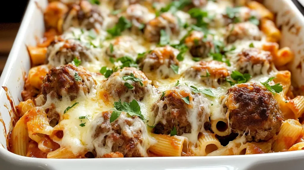 Meatball casserole with pasta, melted cheese, and parsley.