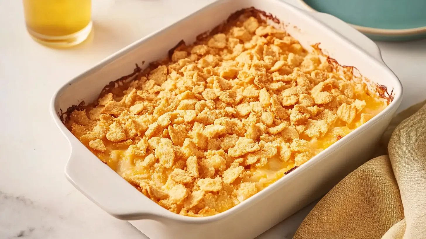 Pineapple casserole topped with crushed crackers.