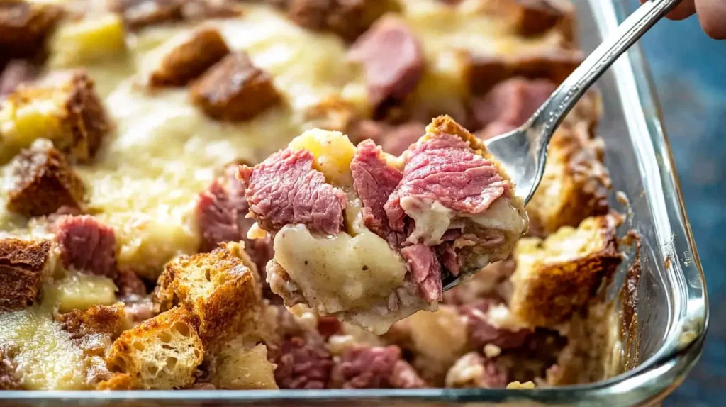 Serving a slice of Reuben casserole with corned beef and bread cubes.