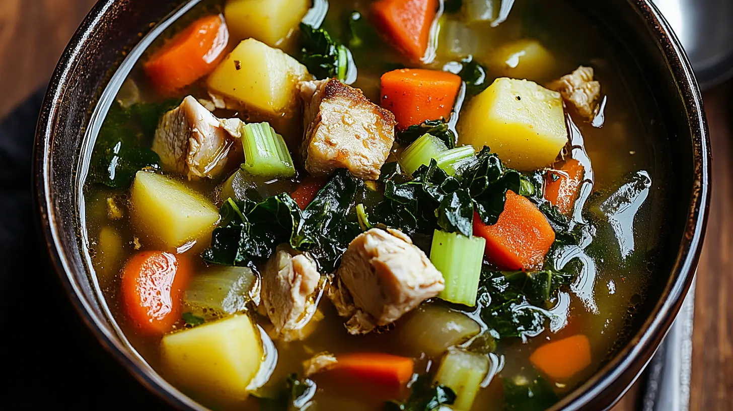 Hearty swamp soup with potatoes, carrots, chicken, and kale.