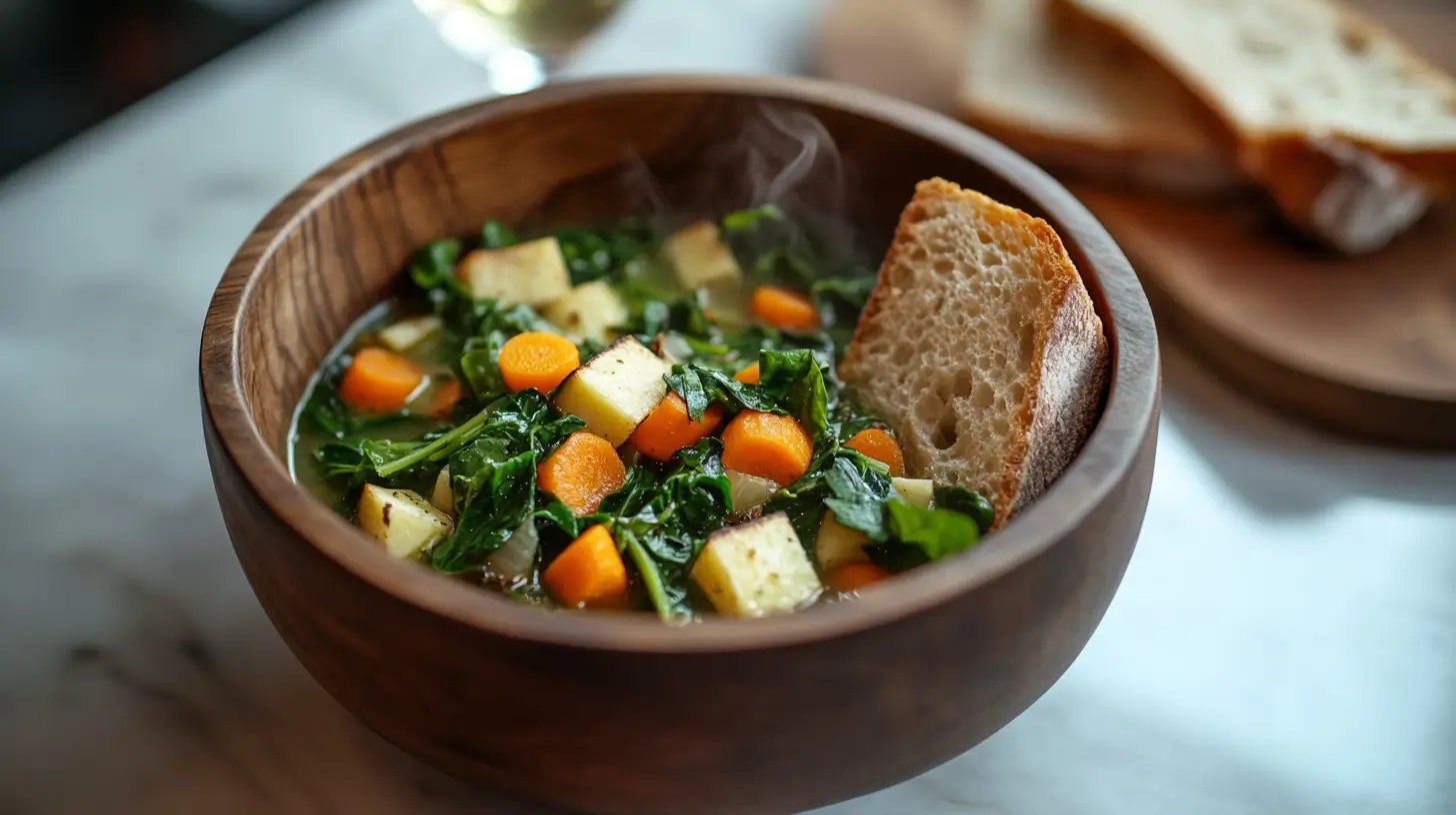 Delicious turnip green soup with fresh vegetables and a slice of bread.