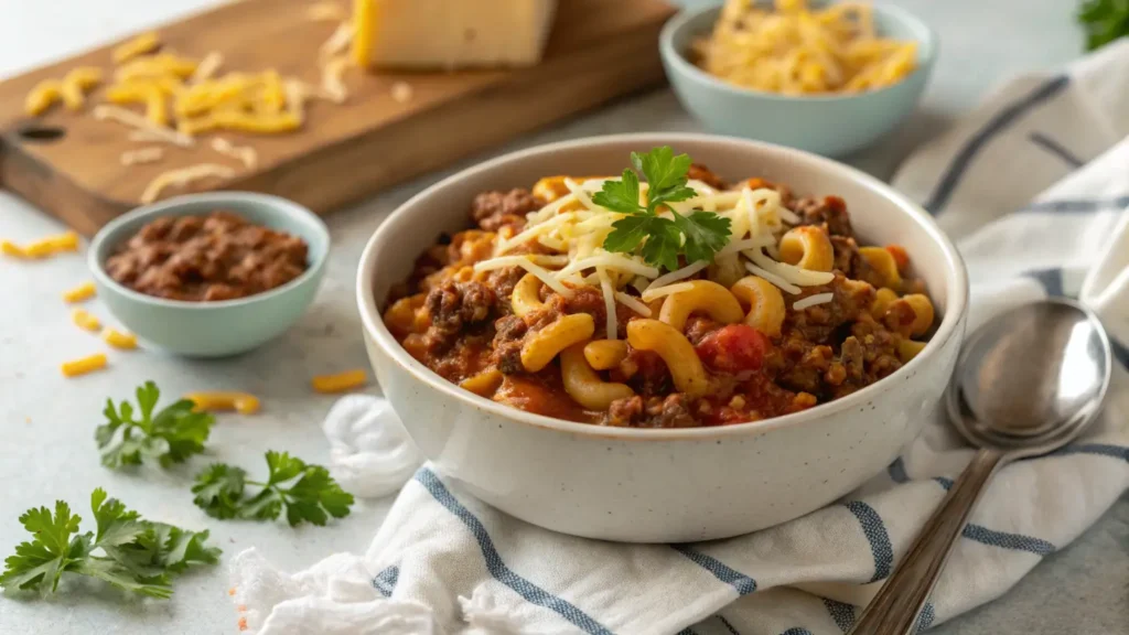 A bowl of American goulash topped with shredded cheese and parsley, surrounded by additional cheese and a bowl of sauce.