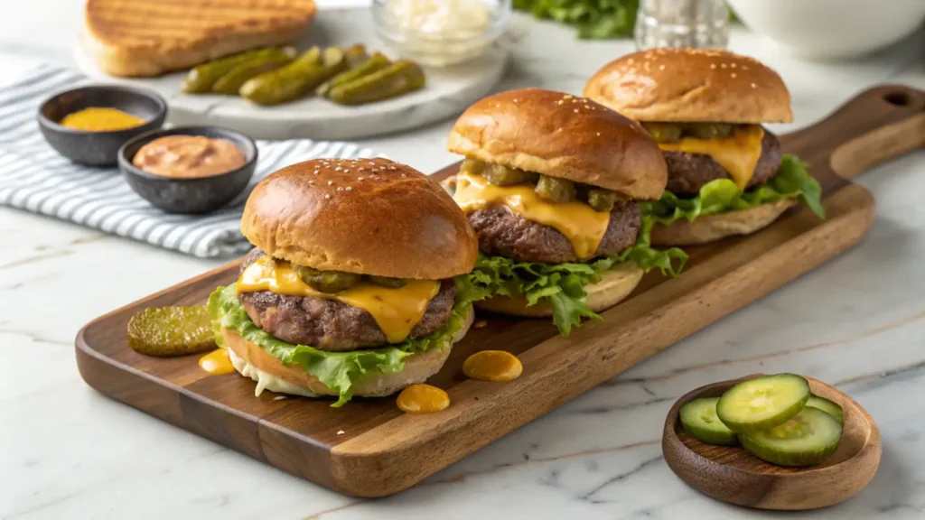 Big Mac slider with melted cheese, pickles, and lettuce on a wooden platter.