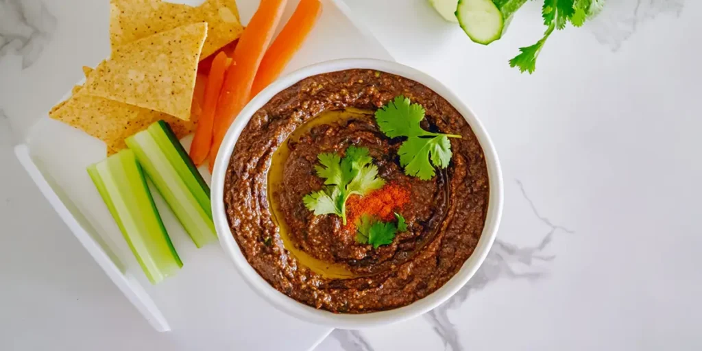 Black bean hummus served with pita chips, celery, and carrot sticks, garnished with olive oil and cilantro.