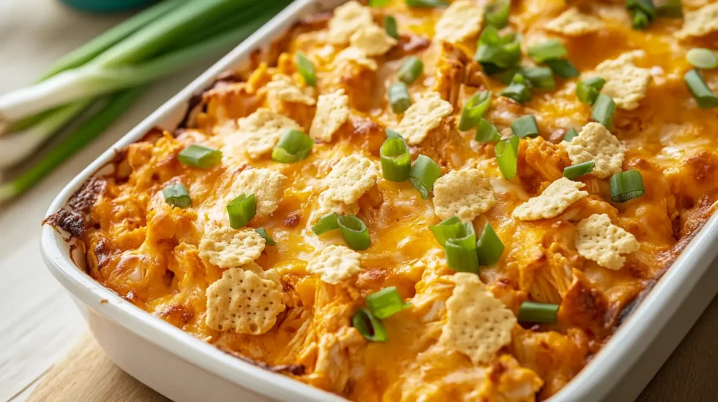 A close-up of buffalo chicken casserole topped with green onions and crunchy chips.