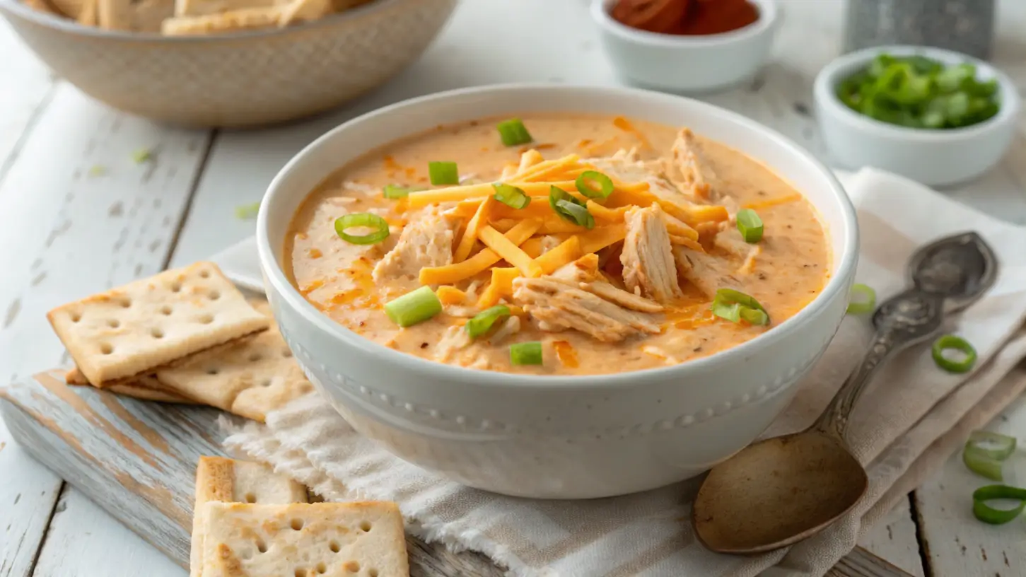 A bowl of creamy buffalo chicken soup topped with shredded cheddar cheese, green onions, and shredded chicken, served with crackers.