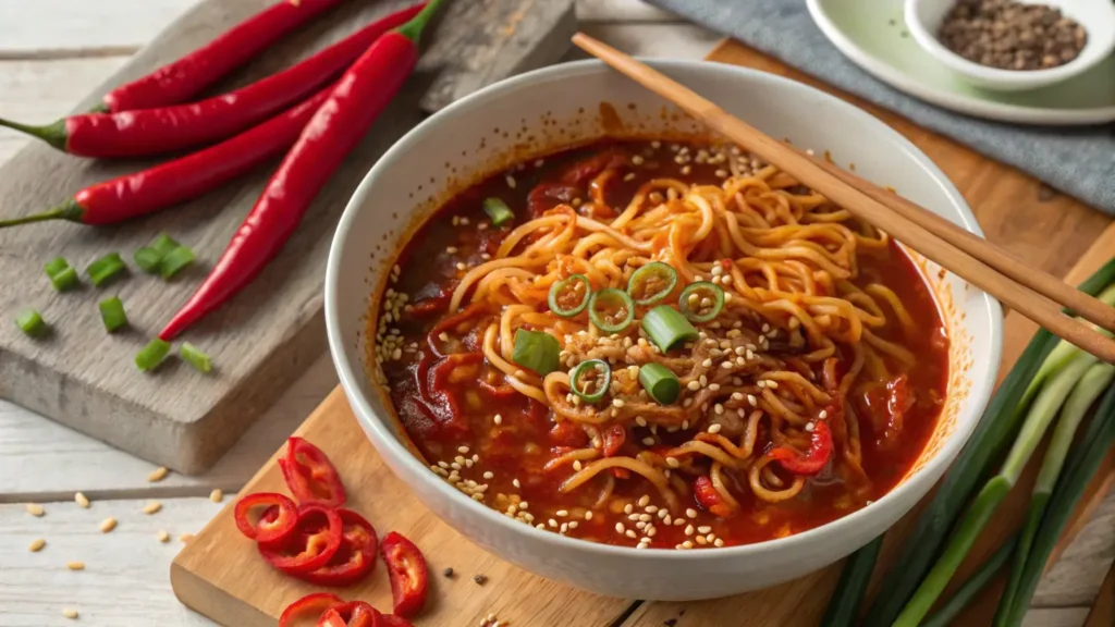 bowl of spicy ramen with noodles, sesame seeds, and sliced chili peppers.