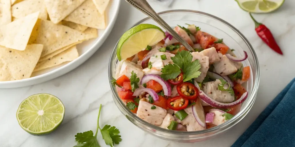 Fresh ceviche with lime, cilantro, and chili served with tortilla chips.