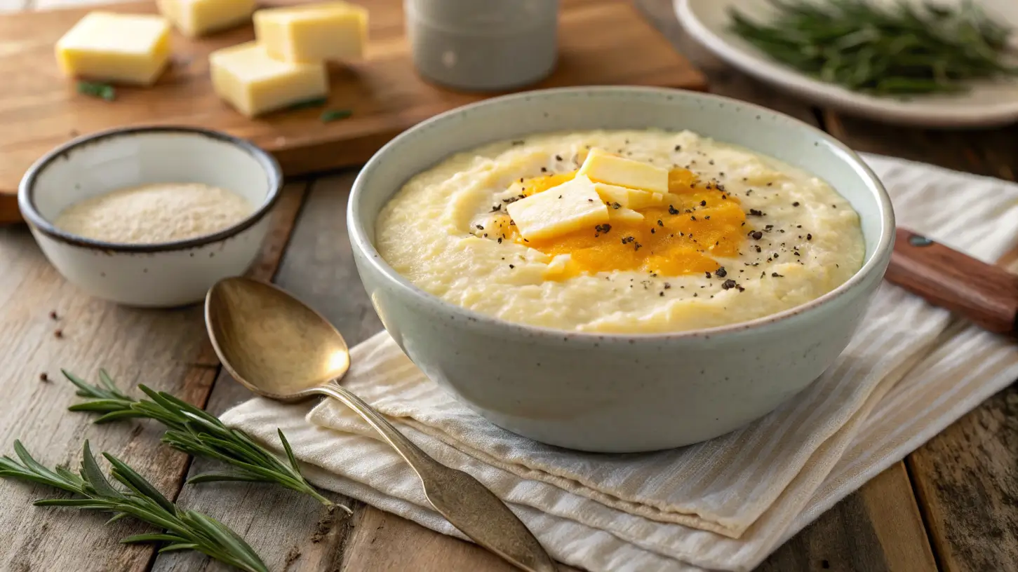 Bowl of creamy cheese grits topped with butter and black pepper.