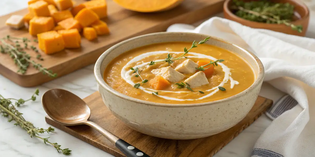 Chicken butternut squash soup with cream and thyme garnishes in a bowl.