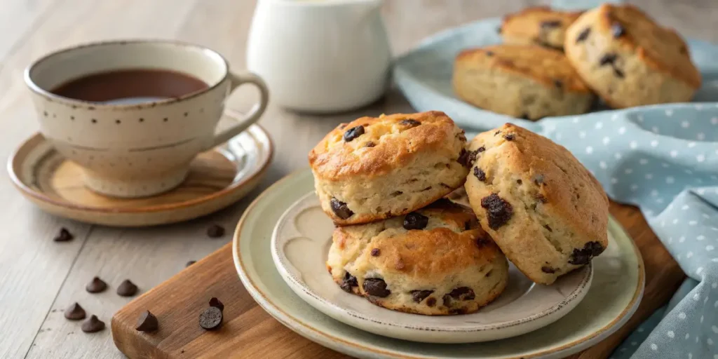 Plate of chocolate chip scones with a cup of coffee.