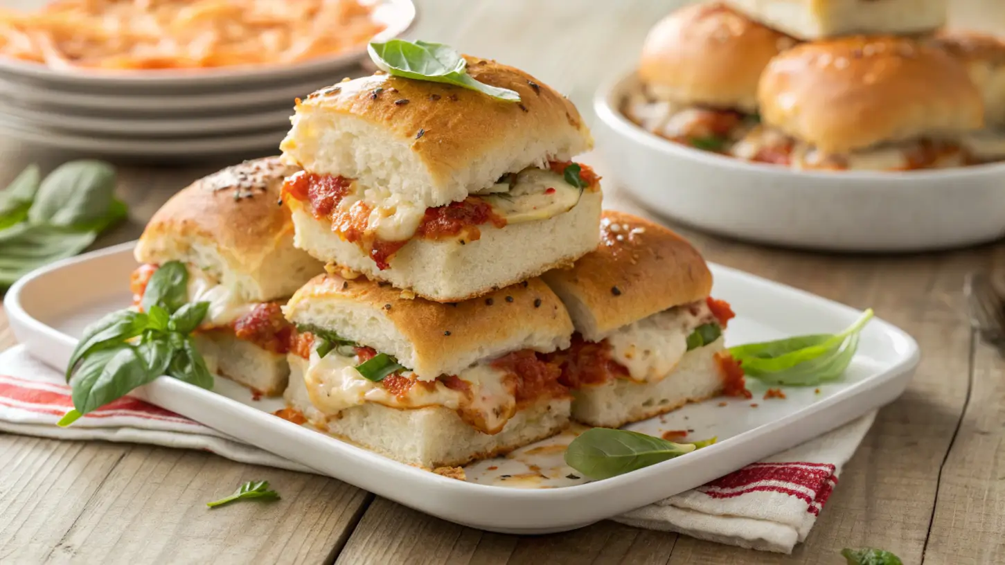 Chopped Italian Sliders stacked with mozzarella, marinara sauce, and fresh basil on a white plate.