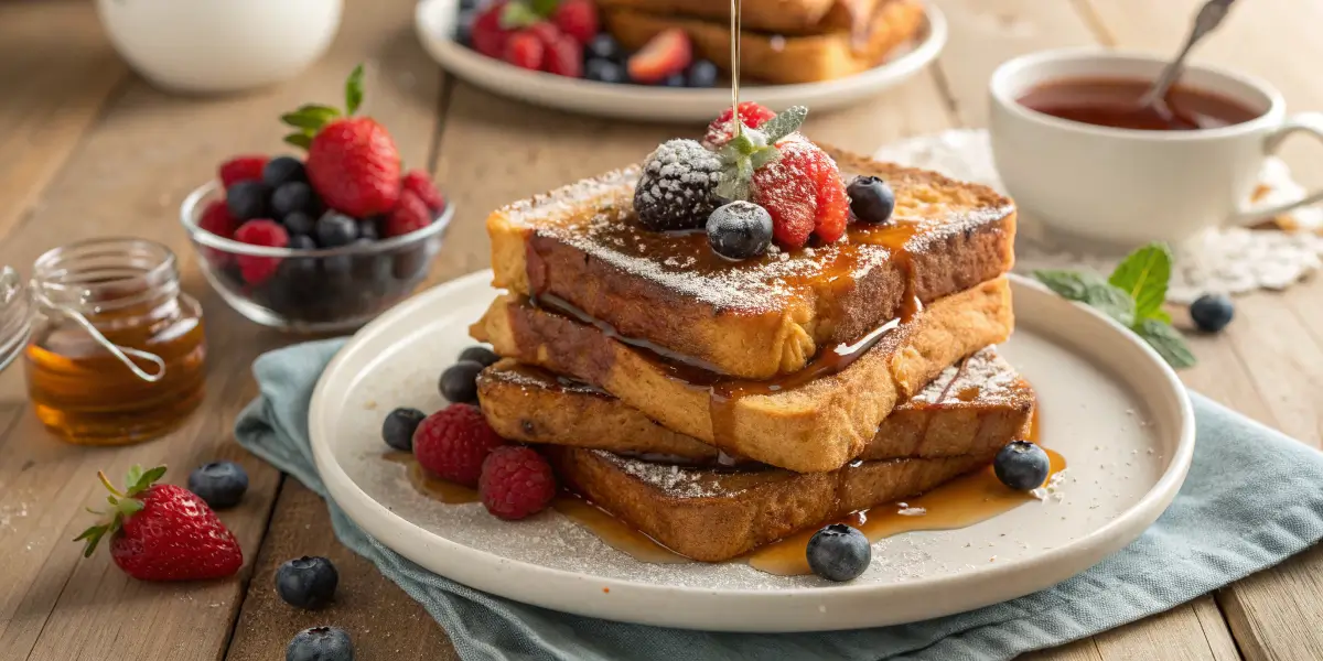 A plate of cinnamon French toast topped with fresh berries, powdered sugar, and maple syrup.