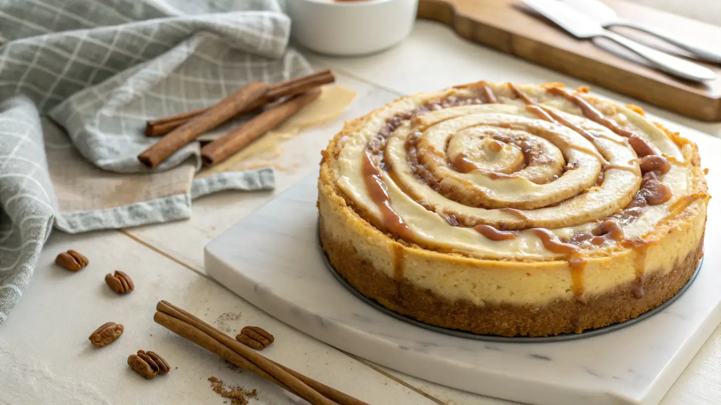 Cinnamon roll cheesecake with caramel drizzle and pecans.