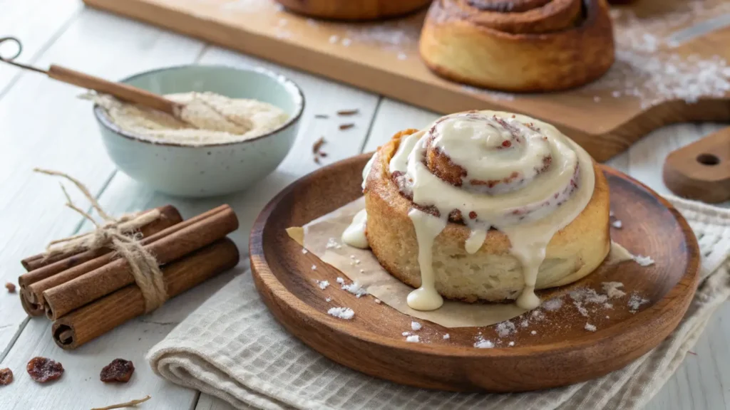 A cinnamon roll with icing on a wooden plate with cinnamon sticks nearby.