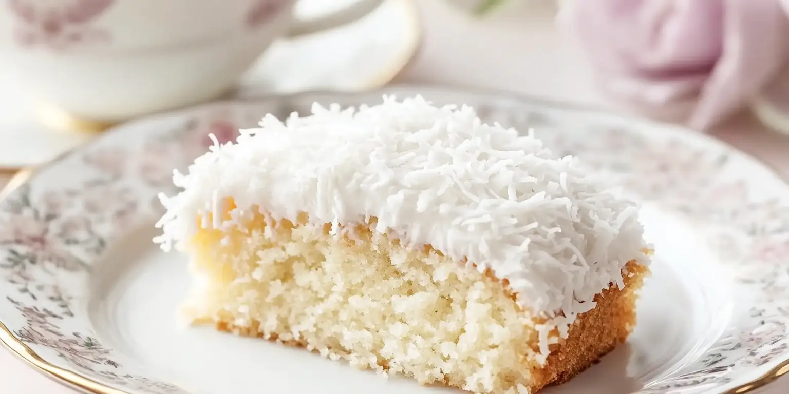 Slice of coconut poke cake with shredded coconut topping on a floral plate.