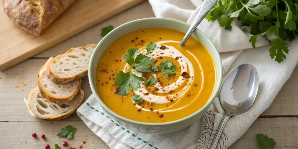 Curried butternut squash soup with coconut milk swirl, cilantro garnish, and chili flakes served with bread.