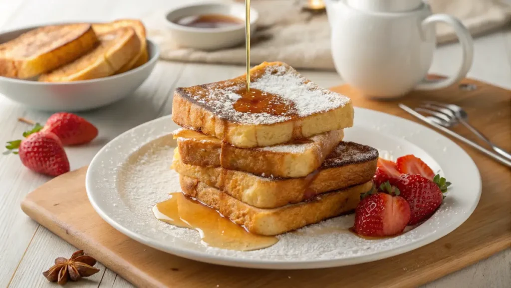 Stack of French toast with syrup and powdered sugar, garnished with strawberries.