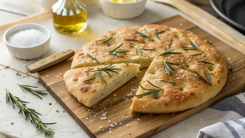 Freshly baked focaccia bread with rosemary and sea salt on a wooden cutting board.