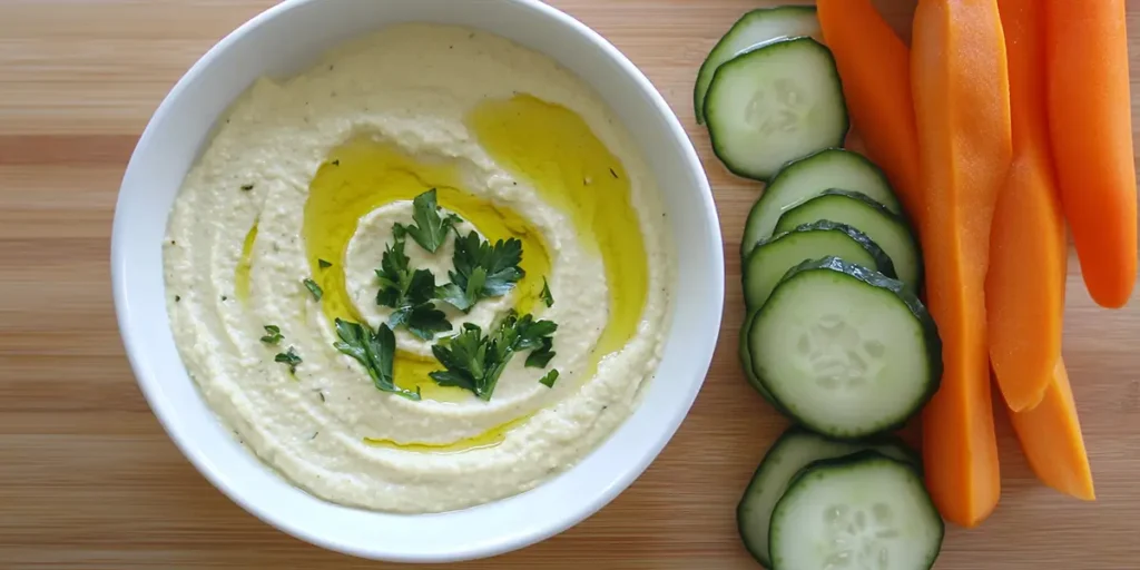 Homemade garlic hummus served with cucumber and carrot slices.