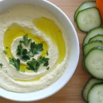 Homemade garlic hummus served with cucumber and carrot slices.