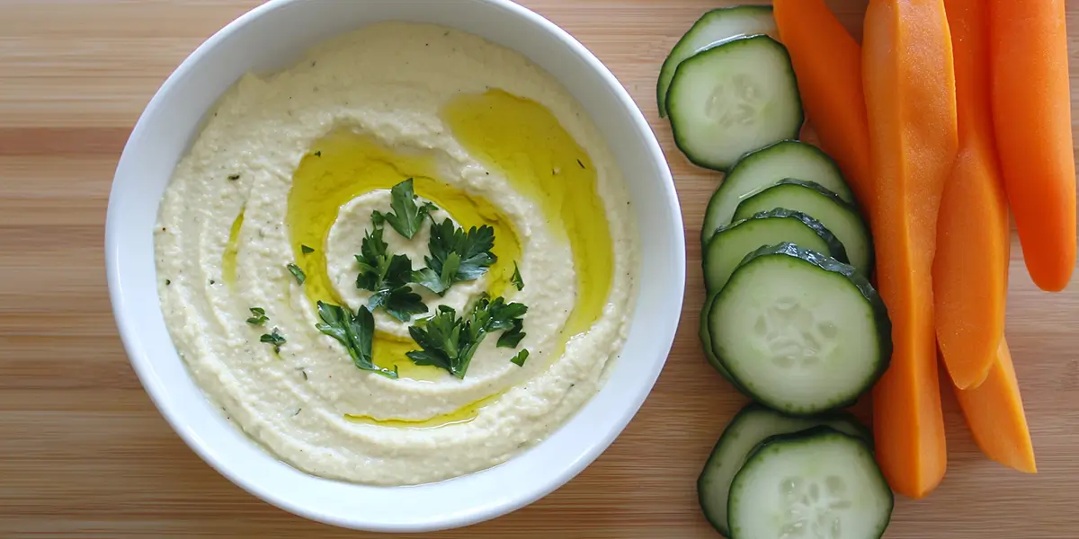 Homemade garlic hummus served with cucumber and carrot slices.