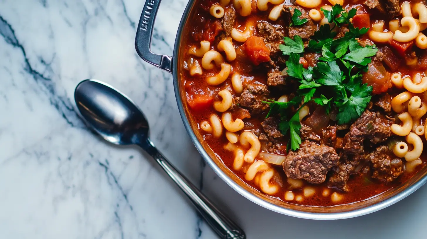 Close-up of a hearty goulash with beef, macaroni, and fresh parsley