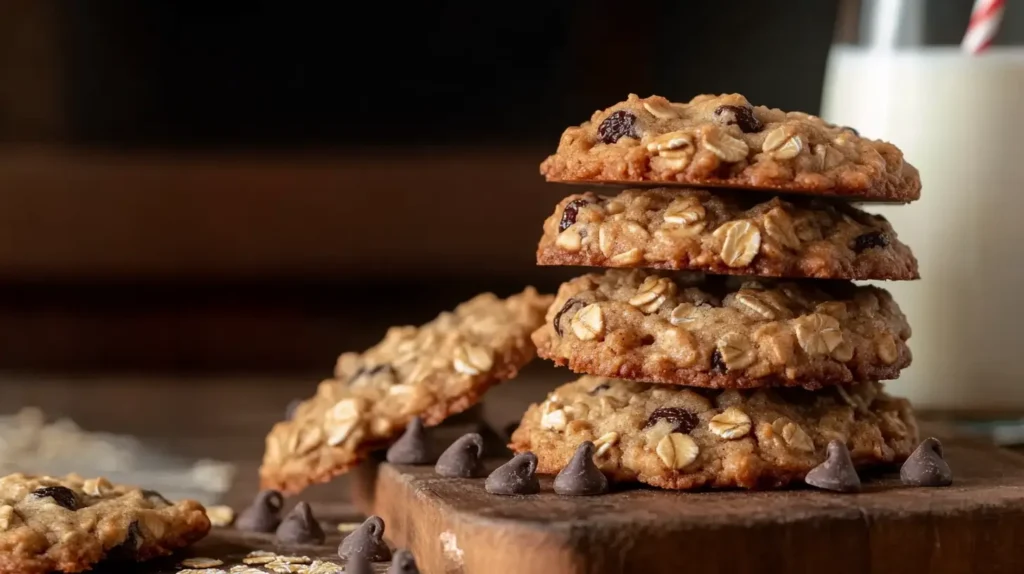 A stack of oatmeal cookies with chocolate chips, placed on a wooden board.