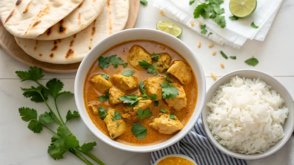 A bowl of chicken curry with cilantro, rice, naan bread, and lime slices.