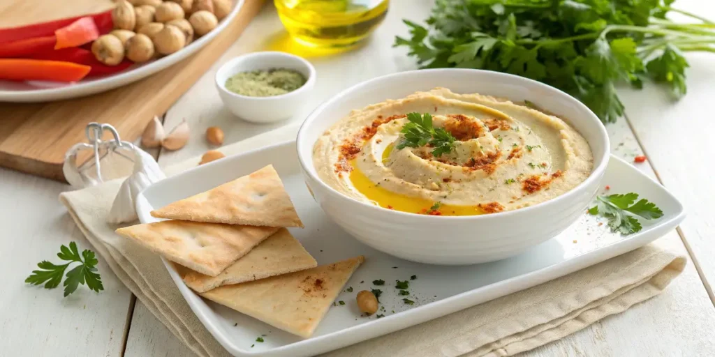 Hummus served with pita bread and garnished with parsley.