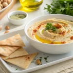 Hummus served with pita bread and garnished with parsley.