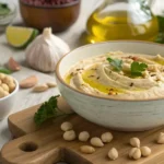 Bowl of Lebanese hummus with olive oil, garlic, lemon, and chickpeas on a wooden board.