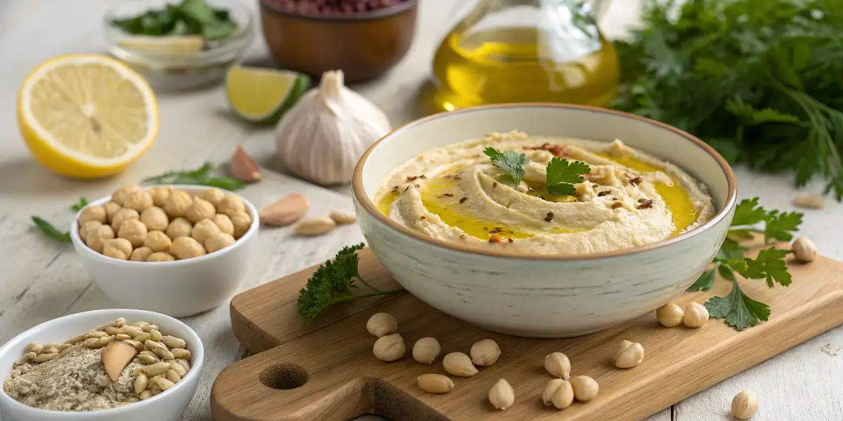 Bowl of Lebanese hummus with olive oil, garlic, lemon, and chickpeas on a wooden board.