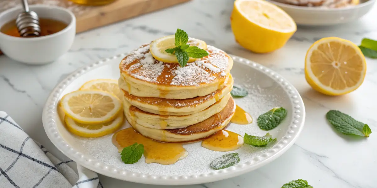 Stack of lemon ricotta pancakes topped with lemon slices, mint leaves,