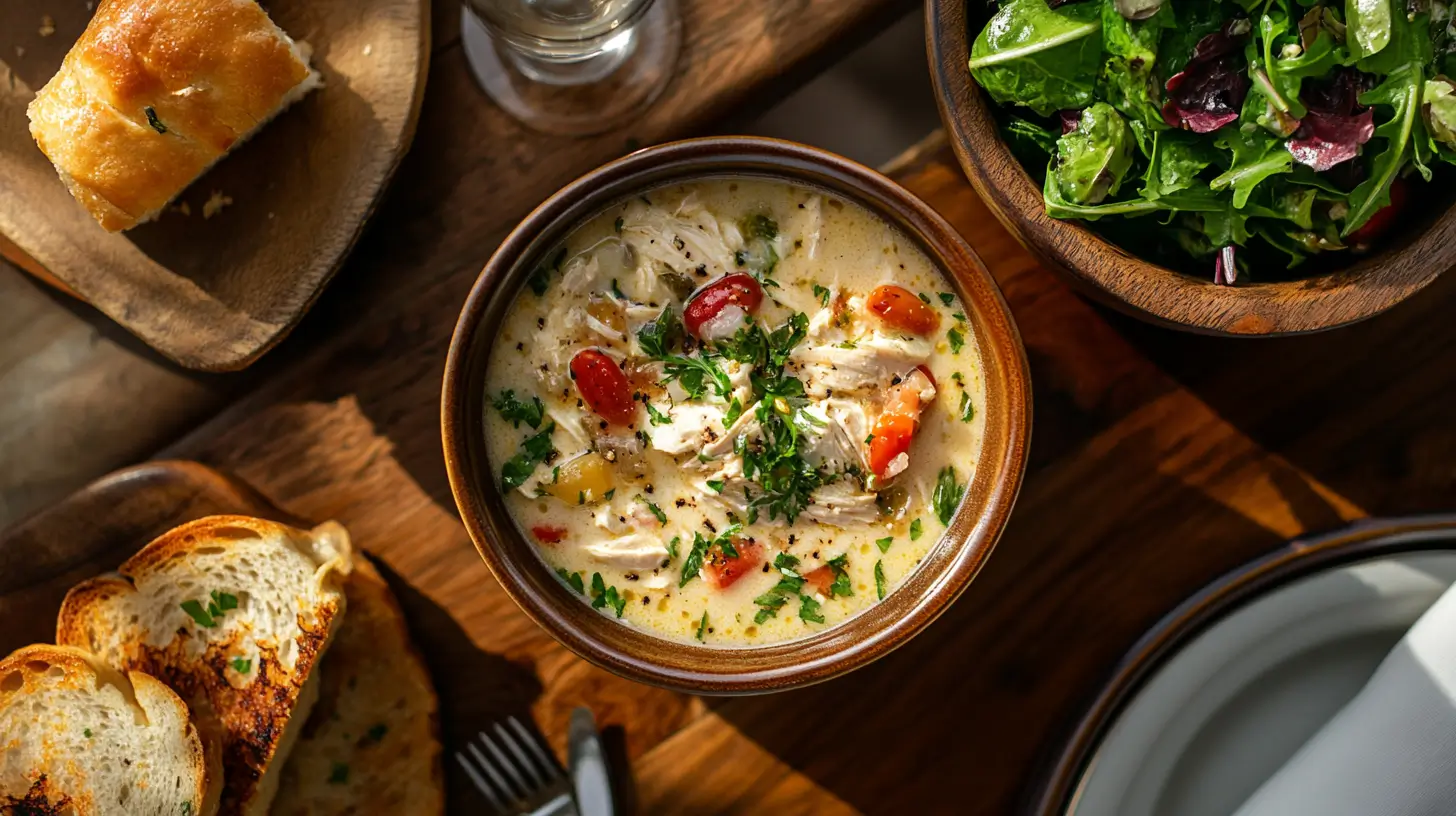 A bowl of creamy Marry Me Chicken Soup with fresh herbs and tomatoes, served with toasted bread and a side salad.